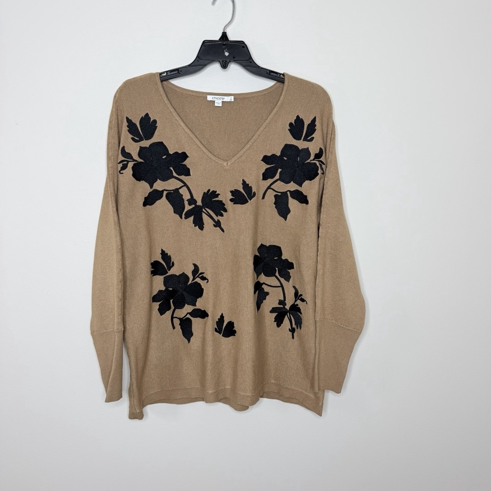 Chico's Women's 4 XXL Sweater Camel Black Floral Embroidered Dolman Sleeve